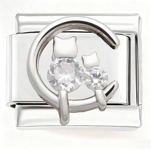 Italian charm bracelet link featuring a cute kitten design with sparkling zircon stones