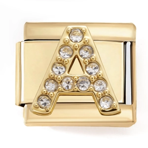 Macro shot of gold Italian charm link with letter A featuring sparkling cubic zirconia