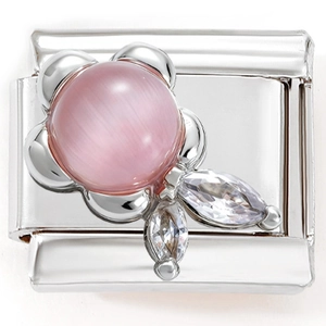 Macro shot of a 304 stainless steel charm featuring pink cat eye stone and white zircons