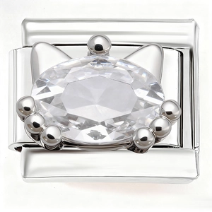 Detail of modular steel bracelet link with crystal cat face and polished metal whiskers