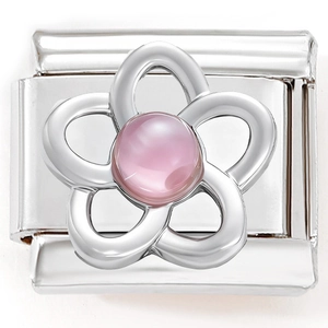 Detail of Italian charm link with silver stainless steel and pink floral gemstone inlay