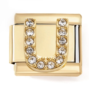 Gold Italian charm link with letter U featuring sparkling pave set cubic zirconia stones