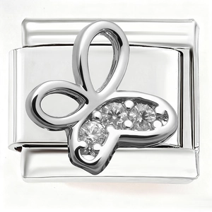 Macro shot of polished stainless steel Italian charm featuring a butterfly with zircons