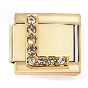 Golden stainless steel Italian charm link featuring a sparkling zircon letter L design