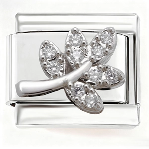 Macro view of Italian charm link with leaf design and sparkling cubic zirconia stones