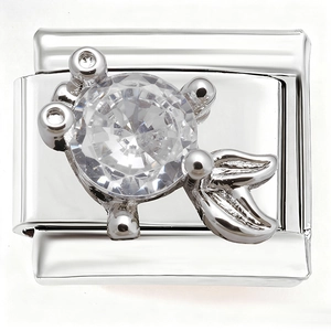 Macro view of Italian charm link in stainless steel with large faceted clear zircon stone