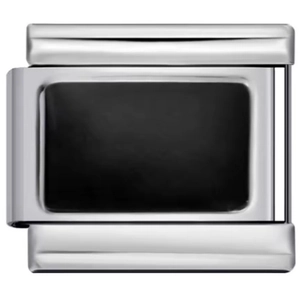 Macro shot of silver stainless steel charm link with black enamel rectangle inlay