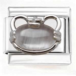 Detail of Italian charm bracelet link in polished stainless steel with cat eye stone