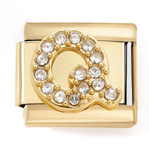 Polished gold modular charm with crystal-studded letter Q for stainless steel bracelets