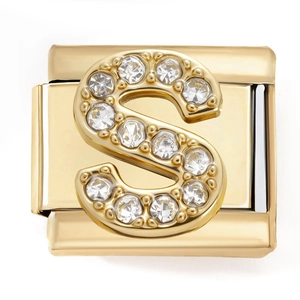 Close-up of golden Italian charm with pave cubic zirconia letter S for DIY bracelets