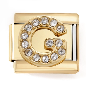 Detailed view of Italian charm link G in gold finish with sparkling cubic zirconia inlay