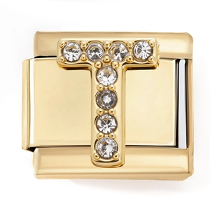 Detailed close-up of a golden modular T-letter charm link with shimmering cubic zirconia