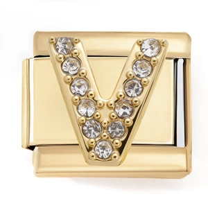 Detail of gold-plated stainless steel letter V module with clear zircon stones