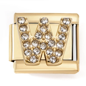 Detailed macro view of 18K gold-plated DIY charm with pavé zircon letter W design