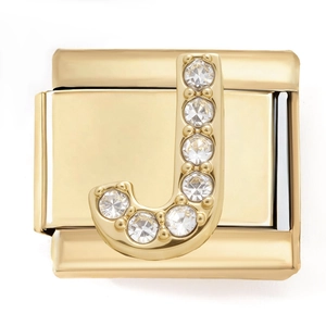 Detailed close-up of 18K gold letter J charm link with sparkling crystal cubic zirconia