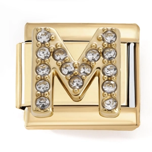 Close-up of golden Italian charm link with letter M and sparkling crystals inlay