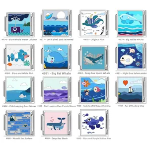 Maillons de Charme Italien en Acier Inoxydable pour Bracelet Modulaire Série Océan Baleine Poisson Voilier Motif de Vagues Métal Carré Accessoires de Bijoux DIY