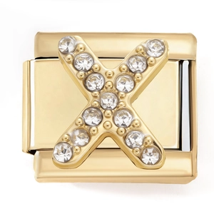 Close-up of golden Italian charm link featuring a sparkling zircon-encrusted letter X