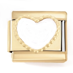 Detailed macro view of heart-shaped modular charm link with white enamel and golden finish