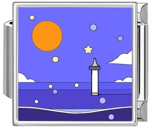 Detail of Italian charm link featuring a cartoon lighthouse and moon on blue enamel