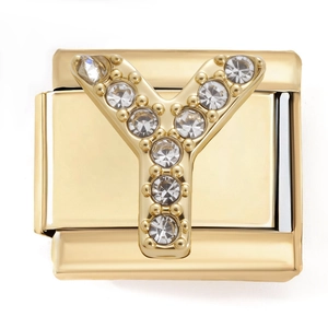 Detailed close-up of golden stainless steel Italian charm with pavé zircon letter Y