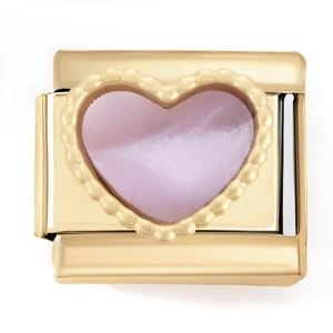 Gold Italian charm modular bracelet link with a pink enamel heart and beaded border