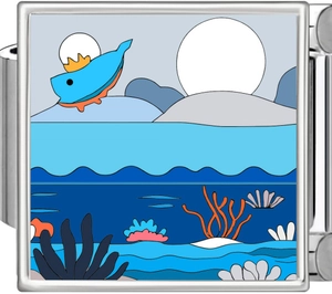 Macro detail of Italian modular charm featuring a crowned blue fish and ocean world design