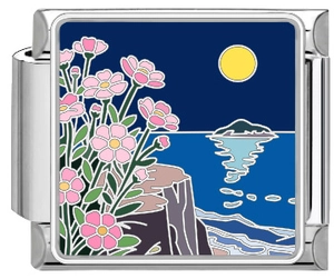 Detailed macro view of coastal night enamel charm for stainless steel modular bracelets