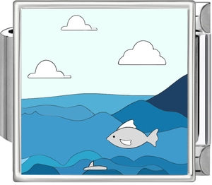 Detailed close-up of a blue ocean theme Italian charm with a cartoon fish and waves