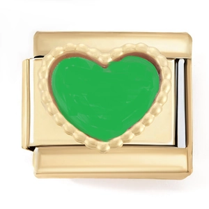 Detail of gold-plated stainless steel modular link with green enamel heart design