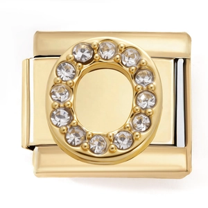 Macro shot of gold-plated stainless steel modular link with pavé cubic zirconia letter O