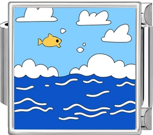 Detail of stainless steel Italian charm link featuring a yellow fish jumping out of the sea