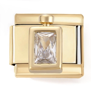 Detail of gold-plated perfume bottle charm with rectangular zircon for DIY modular bracelets