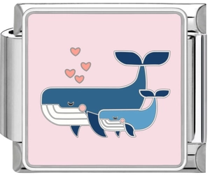 Detail of whale and heart charm for modular bracelets made of stainless steel