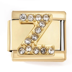 Macro shot of gold stainless steel Italian charm link with sparkling zircon letter Z
