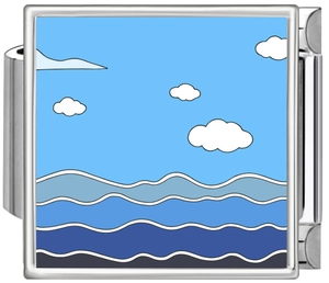 Detail of Italian modular charm link with blue ocean waves painting on stainless steel