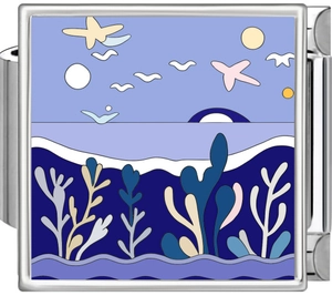 Macro detail of square stainless steel ocean charm with colorful sea waves and coral