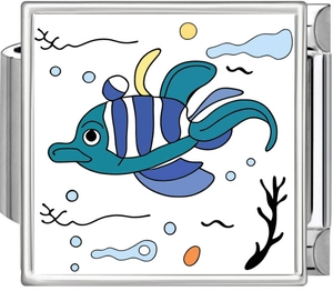Macro view of modular charm link with a blue cartoon fish illustration in ocean style