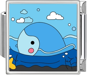 Macro shot of a blue cartoon whale ocean charm link for modular DIY bracelets