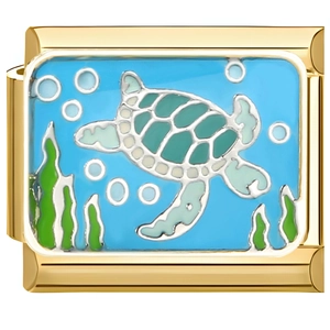 Macro shot of gold-plated modular bracelet link with blue enamel sea turtle design