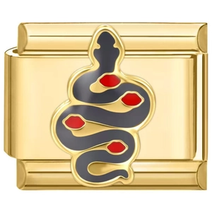 Detail of Italian charm link featuring a black and red enamel snake on gold metal