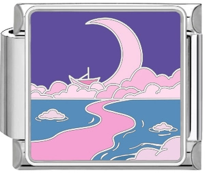Macro detail of stainless steel Italian charm link with enamel moon and river art
