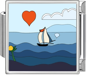 Detailed macro of ocean theme stainless steel modular charm with sailboat and blue waves