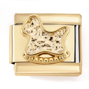 Detail of gold modular link with dog-shaped charm and white marble texture inlay