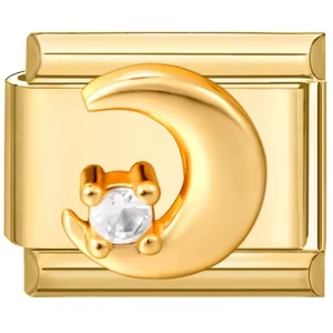 Detail of gold Italian charm link featuring a polished crescent moon and zircon stone