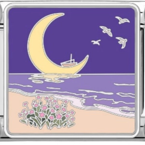 Italian charm link with a moonlit beach scene and pink flowers in stainless steel