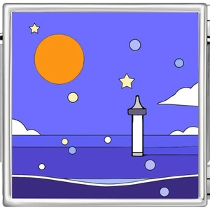 Square stainless steel charm with lighthouse, sun and star design on blue ocean waves