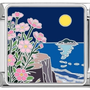 Italian charm bead in stainless steel featuring a painted coastal moonlight scene