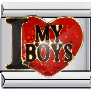 Macro detail of stainless steel charm with red glitter heart and I MY BOYS text