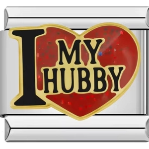 Close-up of stainless steel charm link featuring a red glitter heart with I Love My Hubby text